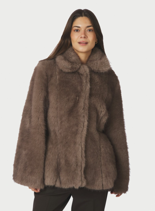 Ariella Faux Fur Peplum Jacket Warm Grey
