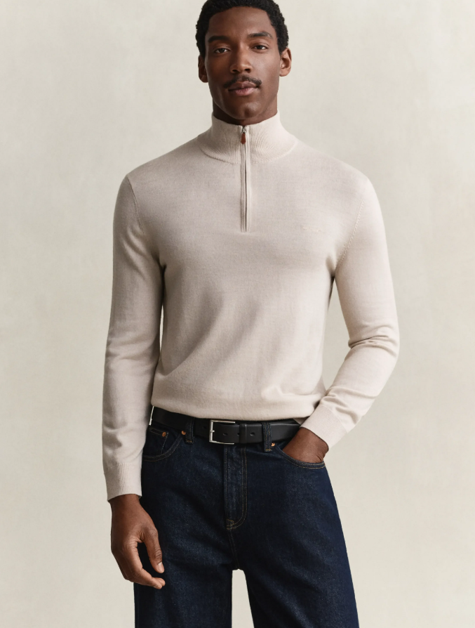 Extrafine Merino Wool Half Zip Clay Beige
