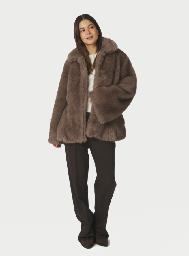 Ariella Faux Fur Peplum Jacket Warm Grey