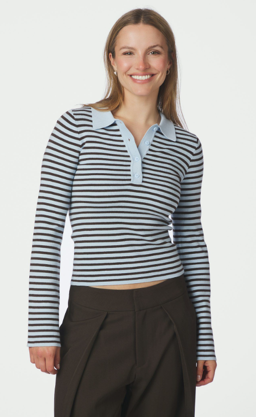 Fannya LS Striped Knit Polo Light Blue