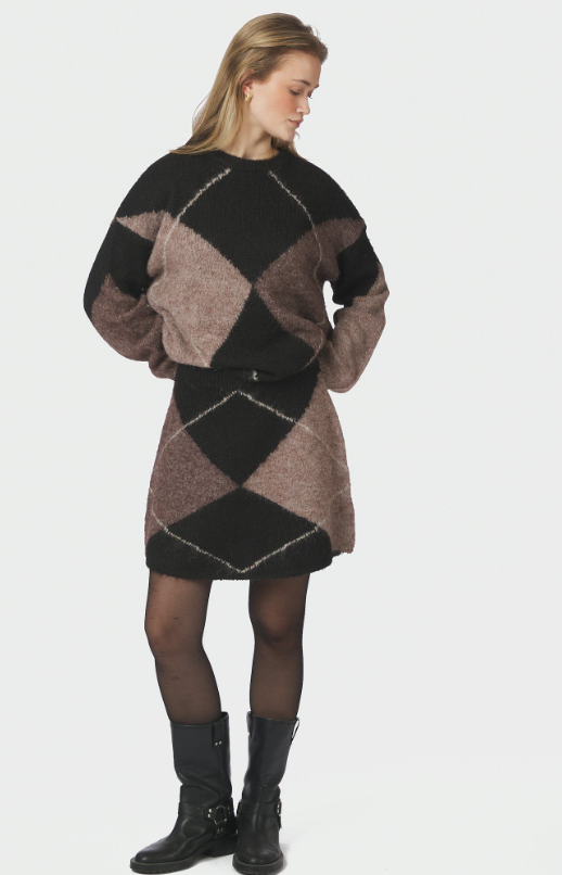Inga Check Fluff Knit Blouse Dark Brown