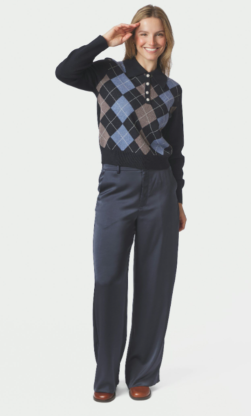 Julina Check Knit Blouse Navy