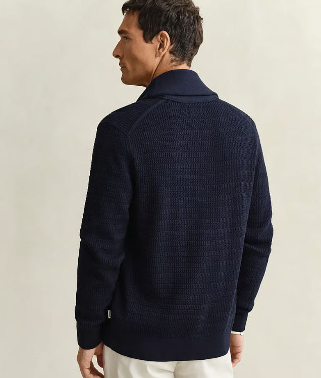 Mini Cable Shawl Collar Cardigan Evening Blue