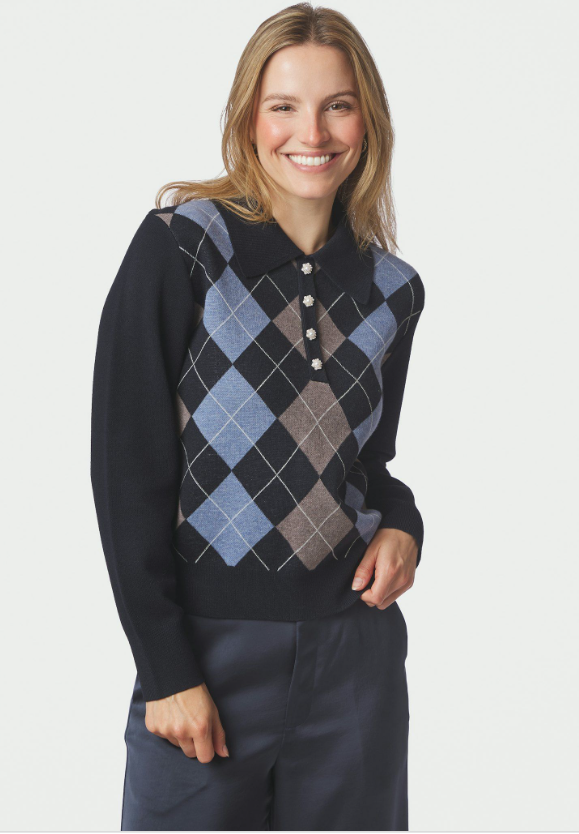 Julina Check Knit Blouse Navy