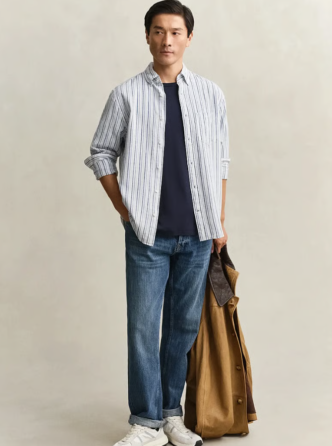 Reg Cotton Linen Stripe Shirt Vintage Blue
