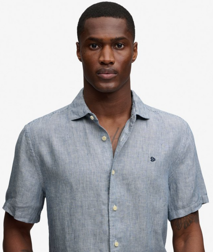 Riviera S/S Linen Shirt Ticking Navy Stripe