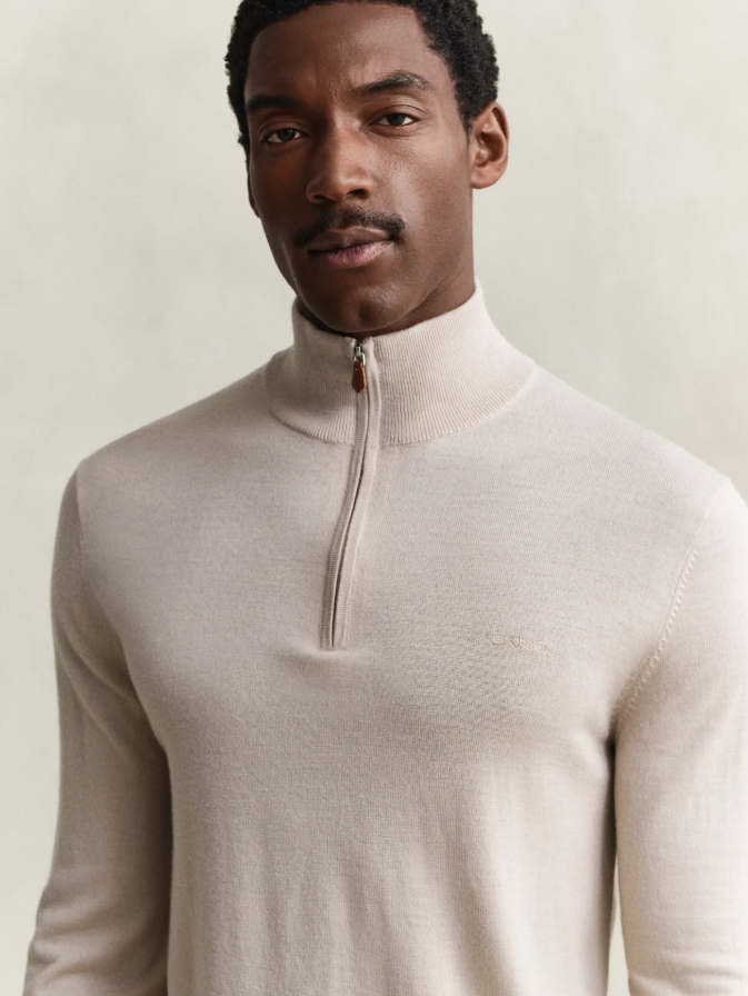 Extrafine Merino Wool Half Zip Clay Beige
