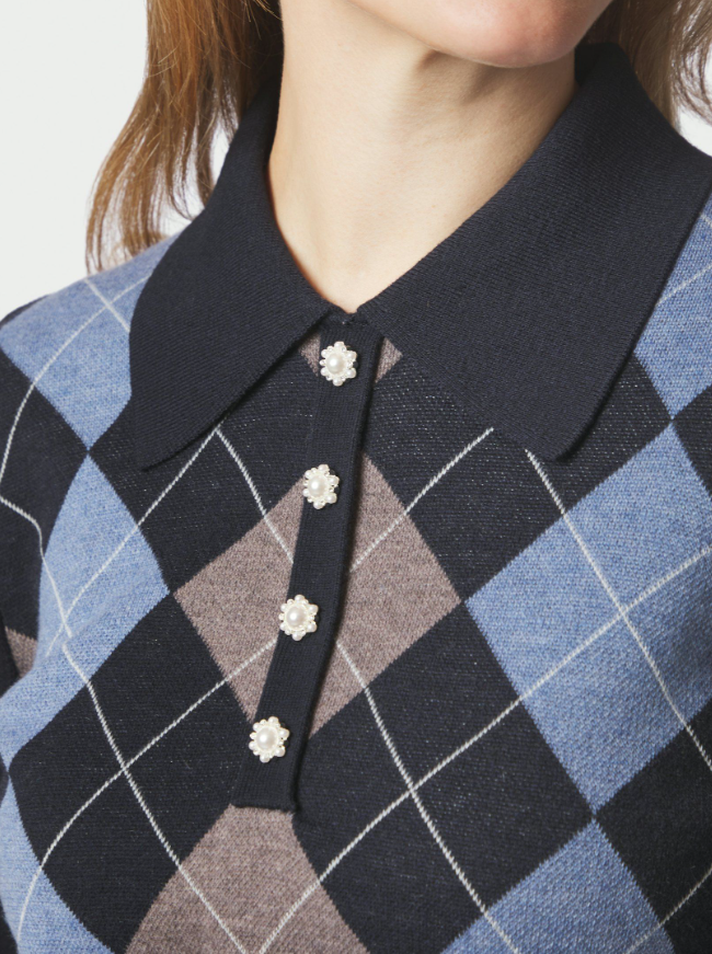 Julina Check Knit Blouse Navy