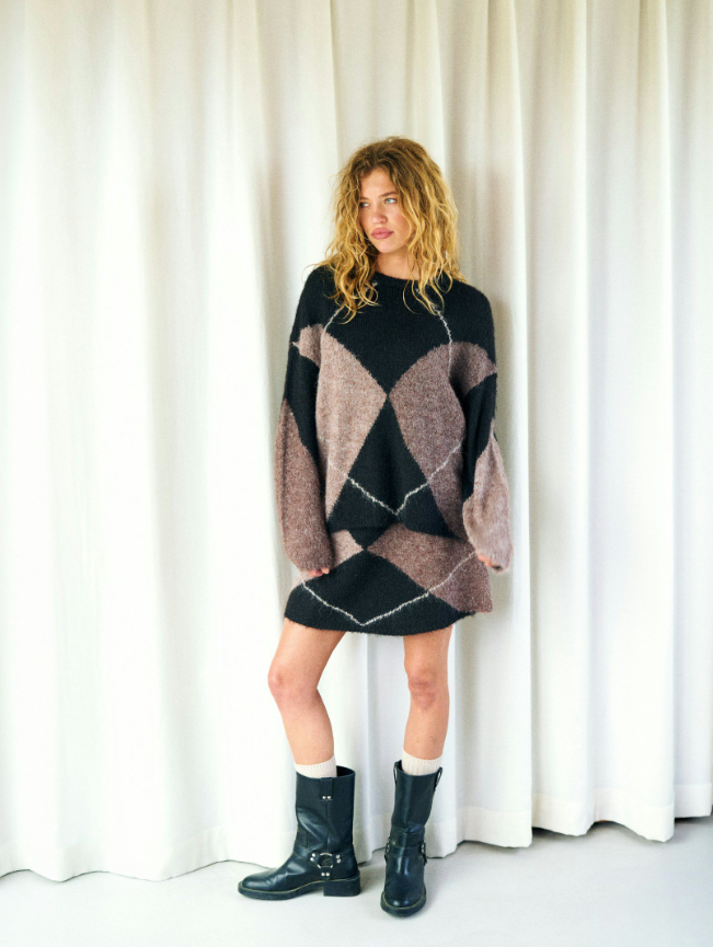 Inga Check Fluff Knit Blouse Dark Brown