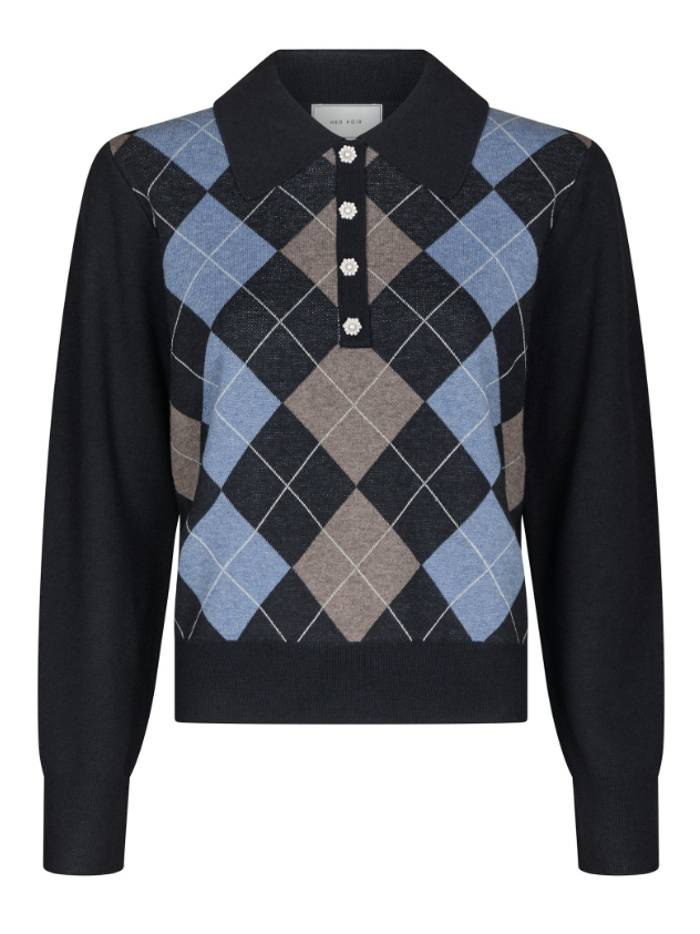 Julina Check Knit Blouse Navy