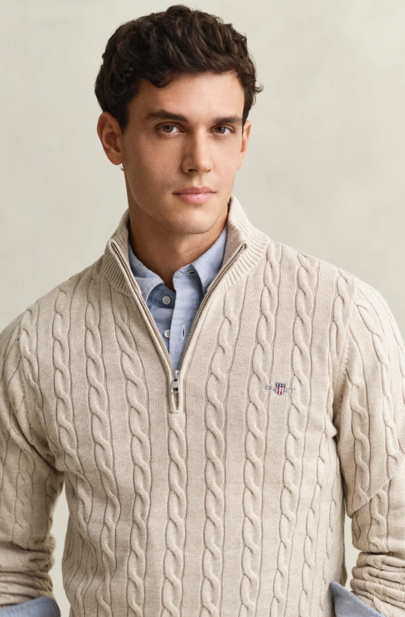 Cotton Cable Half Zip Clay Beige