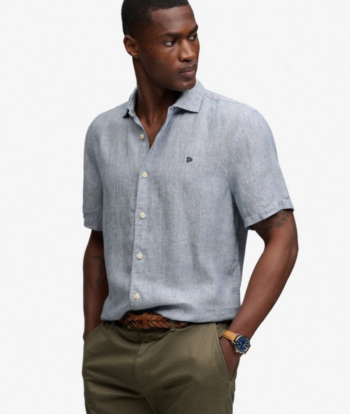 Riviera S/S Linen Shirt Ticking Navy Stripe