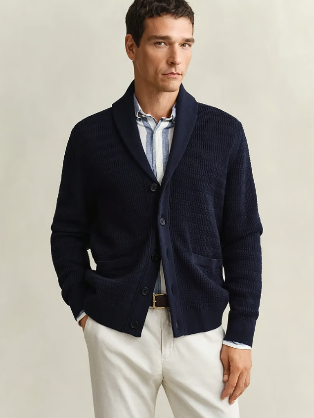 Mini Cable Shawl Collar Cardigan Evening Blue