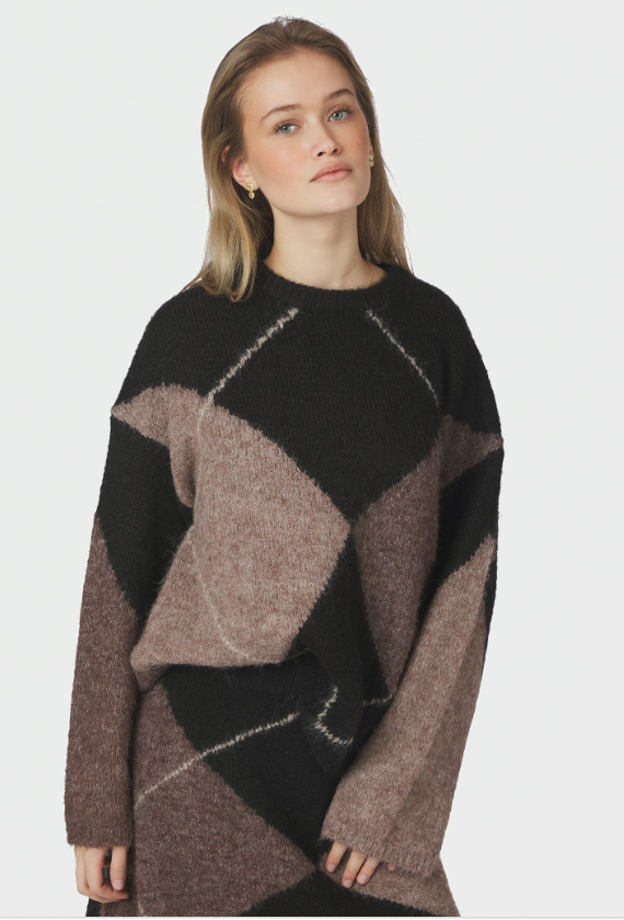 Inga Check Fluff Knit Blouse Dark Brown