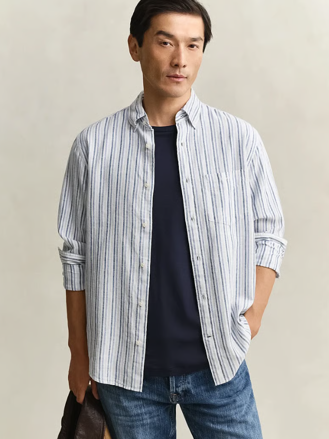Reg Cotton Linen Stripe Shirt Vintage Blue