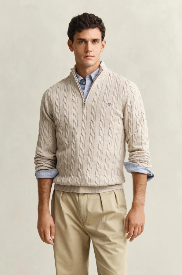 Cotton Cable Half Zip Clay Beige